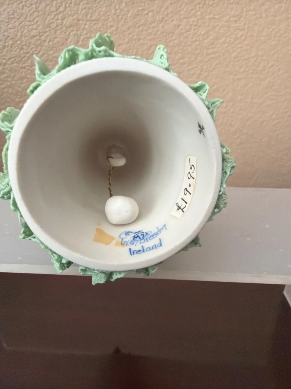 Vintage Irish Dresden Green Porcelain Lace Christmas Tree Bell MV Ireland 4.5